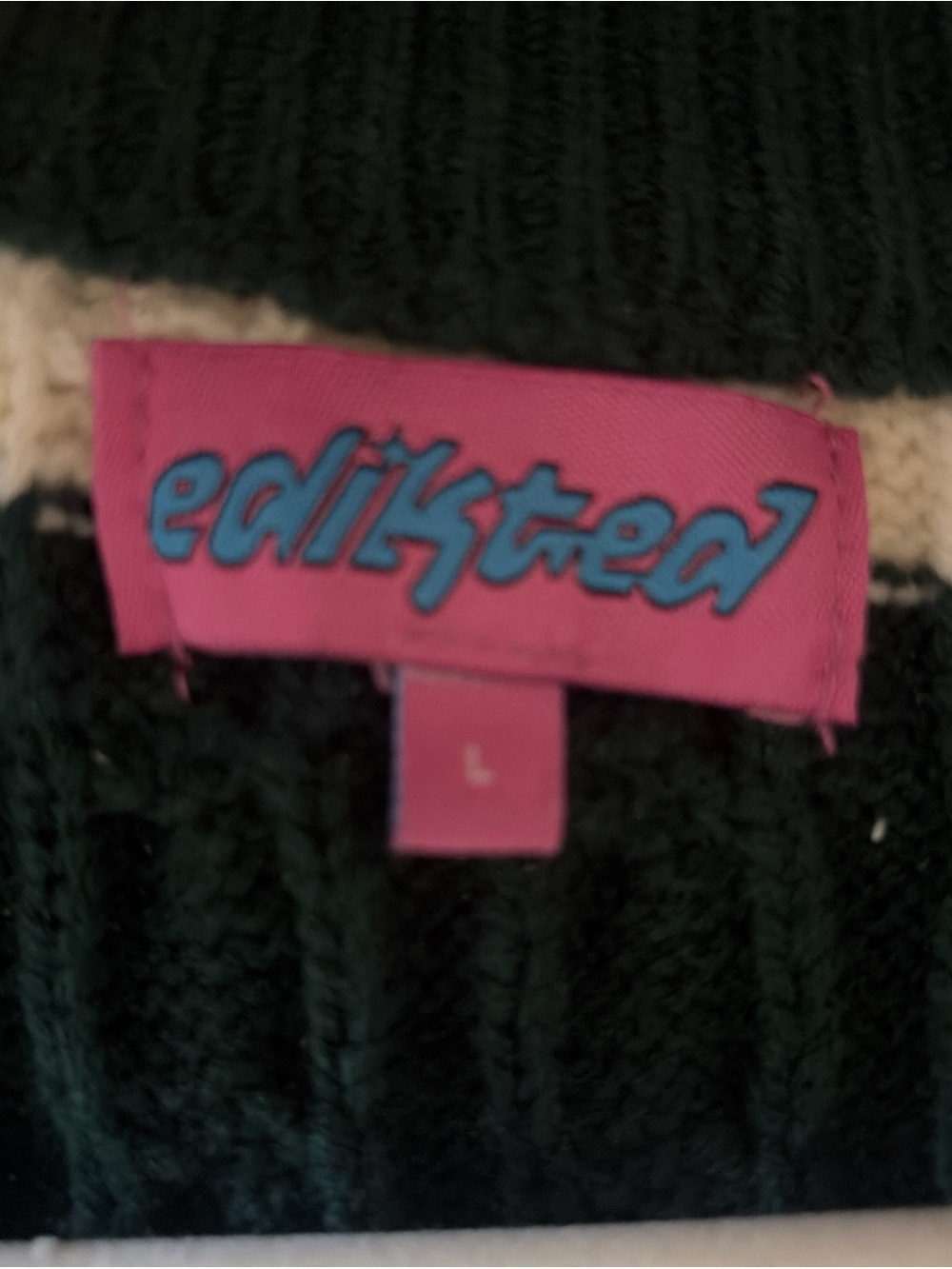 Edikted Striped V-Neck Cable Knit Sweater - Cream & Dark Green - Picture 2 of 2